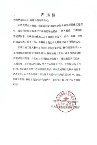 攻堅克難顯擔當 優質履約獲贊譽  ——欣格瑞承接的玖龍紙業堿回收鍋爐清洗項目獲客戶表揚